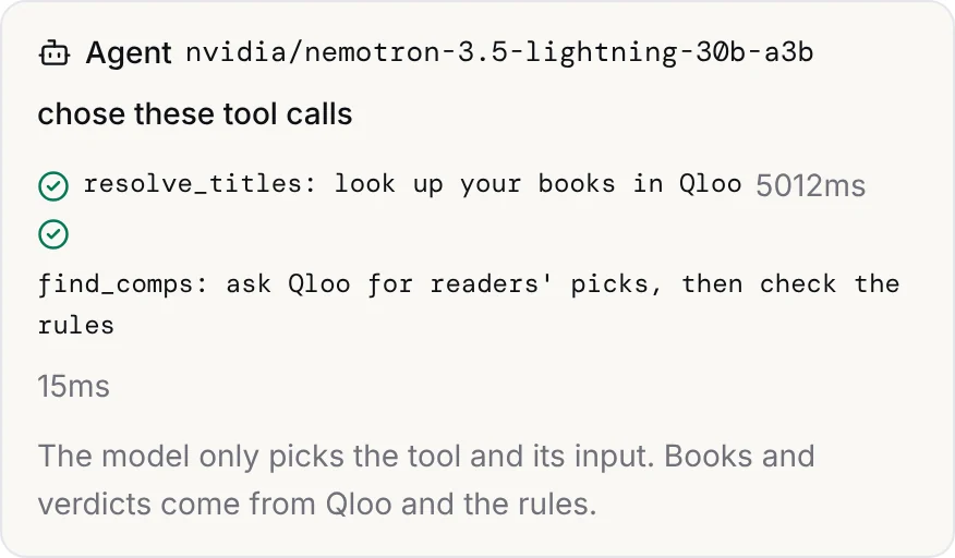 The agent log showing the two tool calls the model chose, with their timings