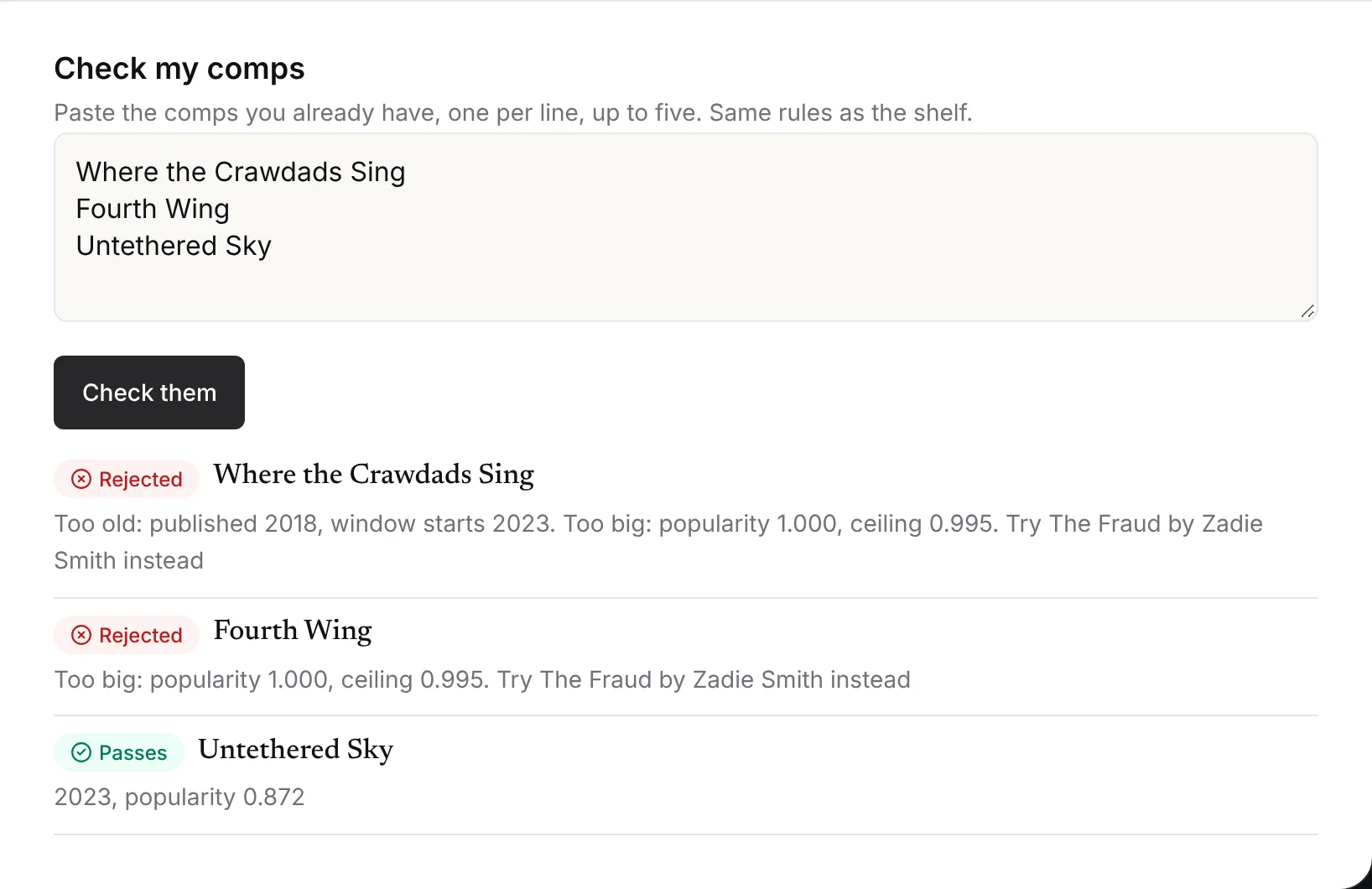 The Check my comps tab after checking three titles