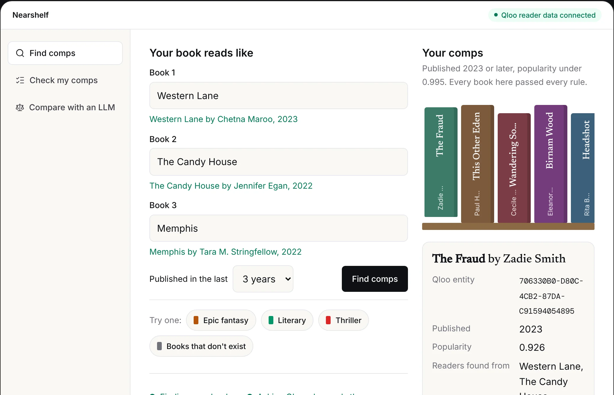 Nearshelf after a real search for books like Western Lane, The Candy House and Memphis, with six comps on the shelf including The Fraud by Zadie Smith