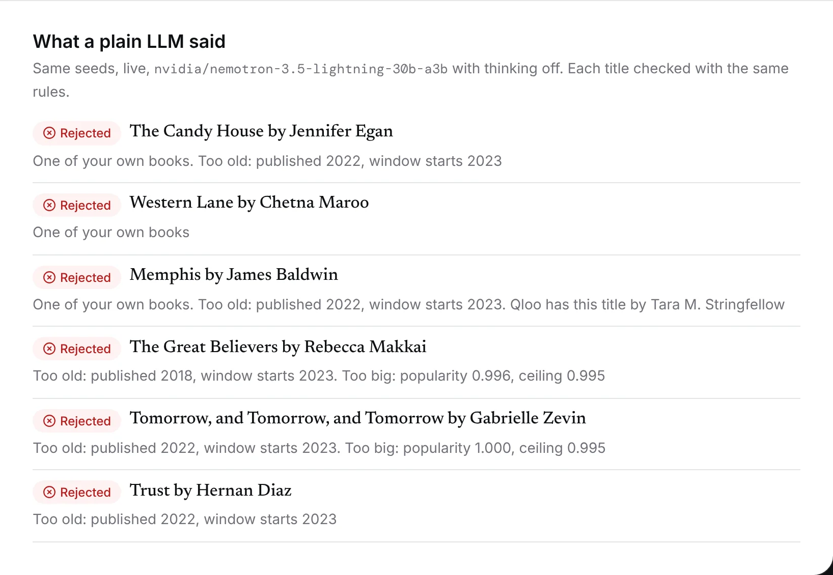 A plain LLM's suggestions for the same books, each rejected with the rule it broke